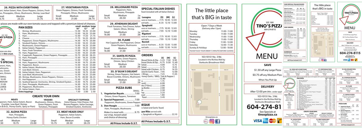Tino's Pizza Menu