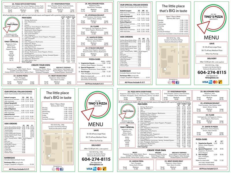 Tino's Pizza Menu