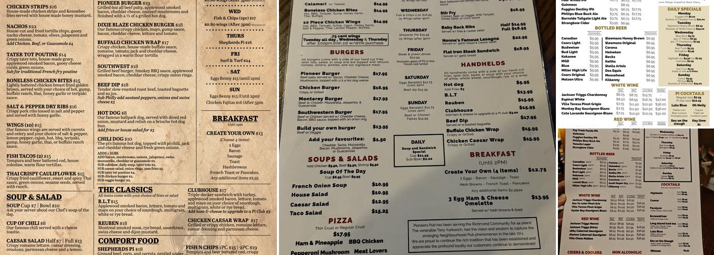 Pioneer's Pub Menu