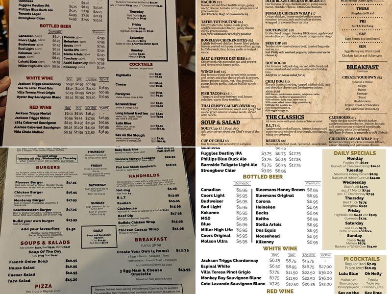 Pioneer's Pub Menu