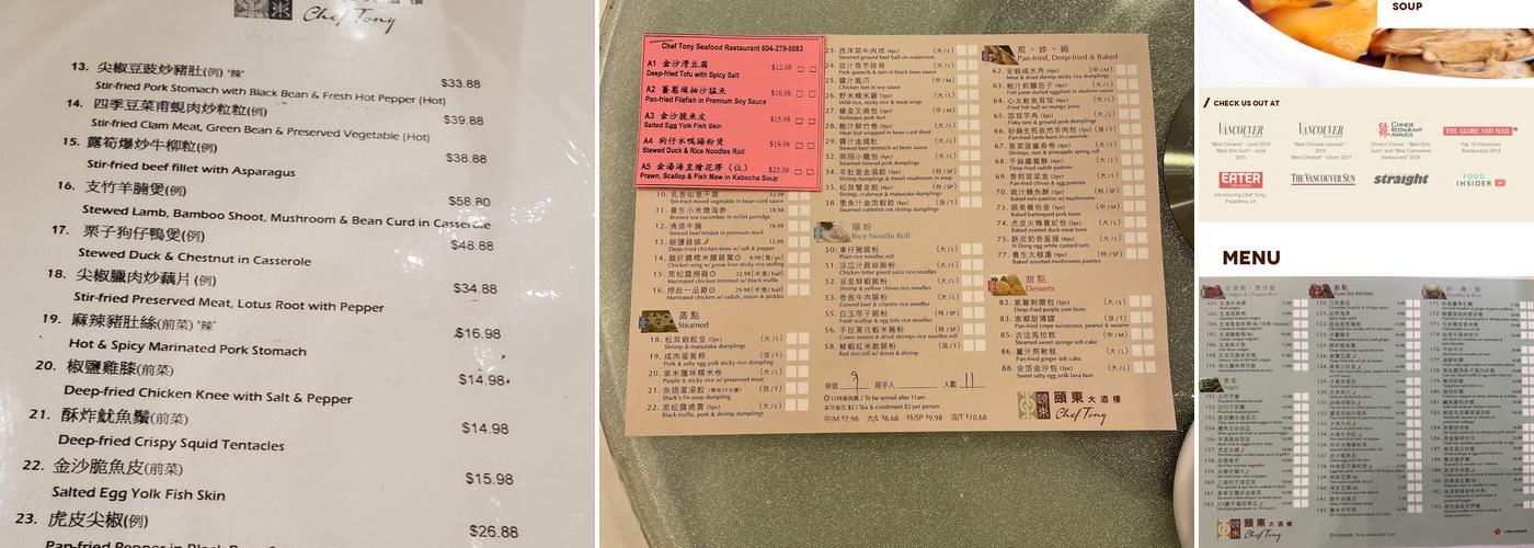 Chef Tony Seafood Restaurant Menu