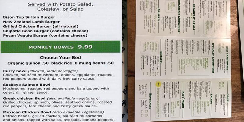 Healthy Monkey Cafe Menu