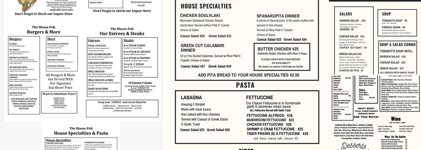 The Moose Pub Menu