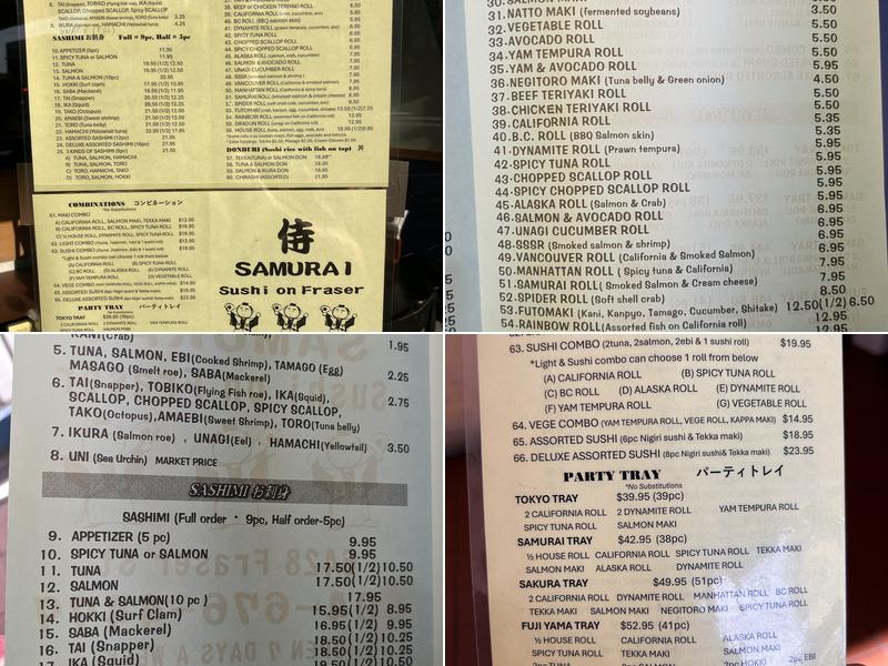 SAMURAI SUSHI ON FRASER Menu