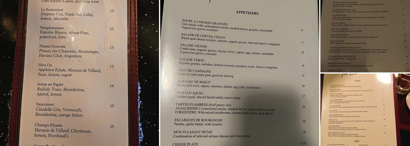 Les Faux Bourgeois Menu