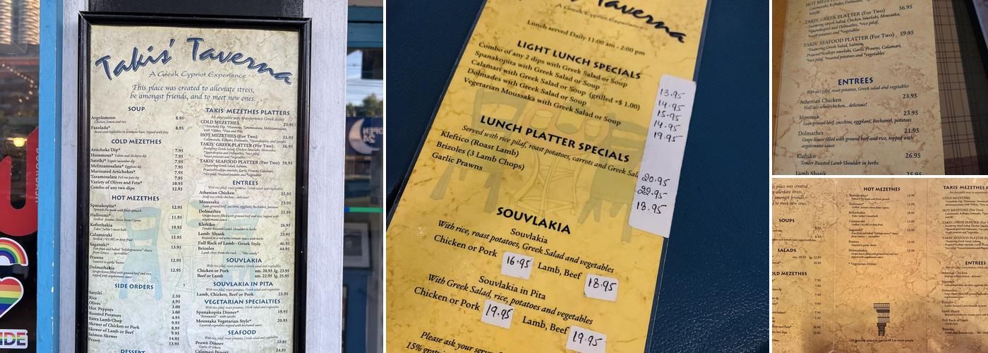 Takis' Taverna Greek Restaurant Menu