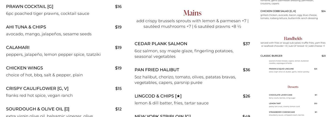 P2B Restaurant + Bar Menu