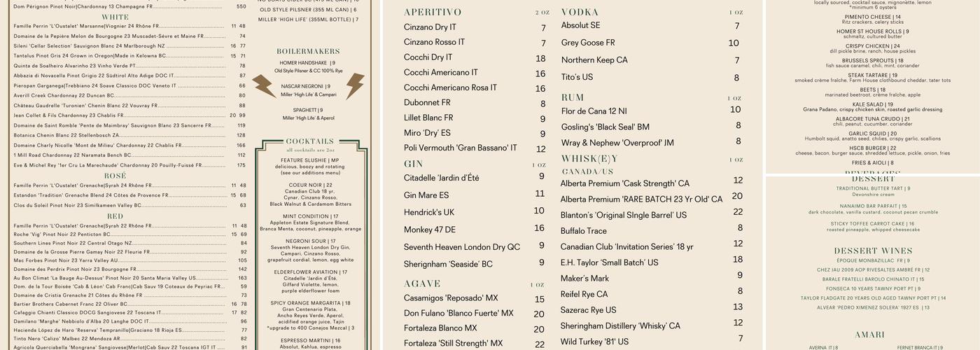 Homer St. Cafe and Bar Menu