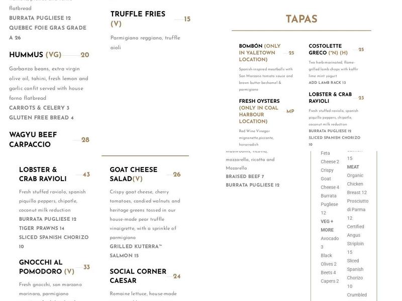 per se Social Corner Menu