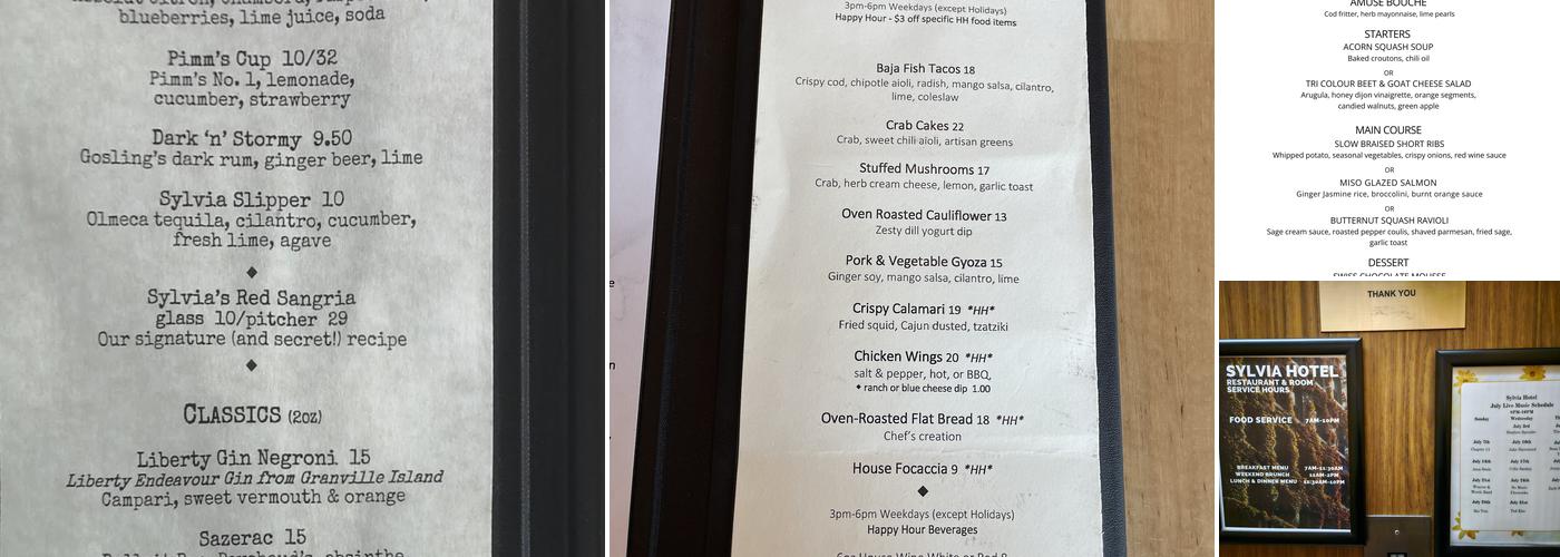 Sylvia Hotel, Restaurant and Lounge Menu