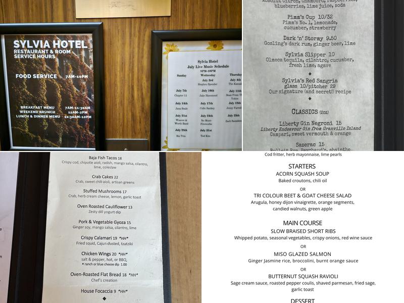 Sylvia Hotel, Restaurant and Lounge Menu