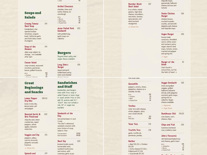 Long Johns Pub Menu