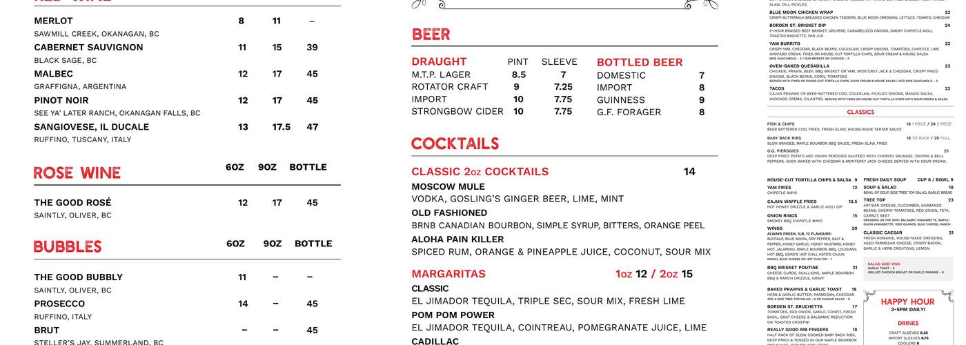 The Monkey Tree Pub Menu