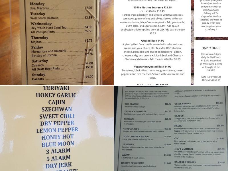 1550's Pub Style Restaurant Menu