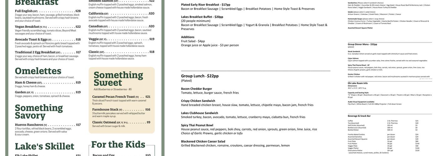 Lakes Restaurant Menu