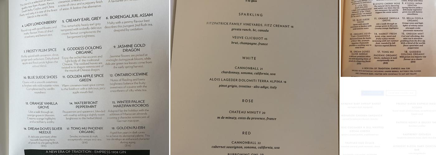 Tea at The Empress Menu