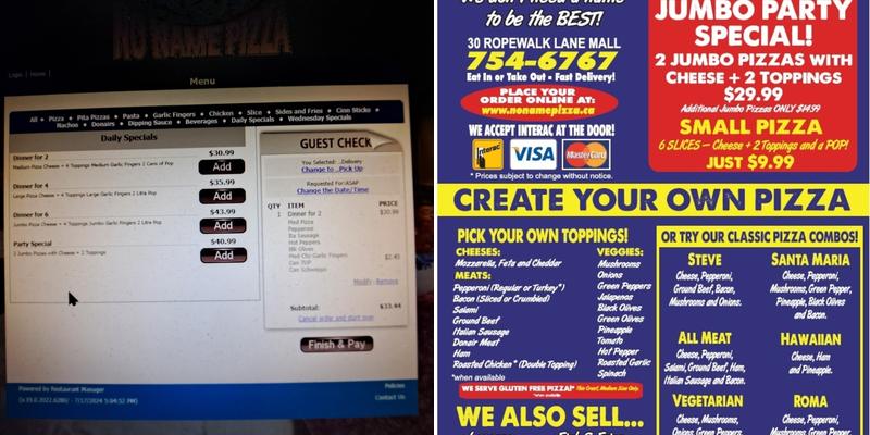 No Name Pizza Menu