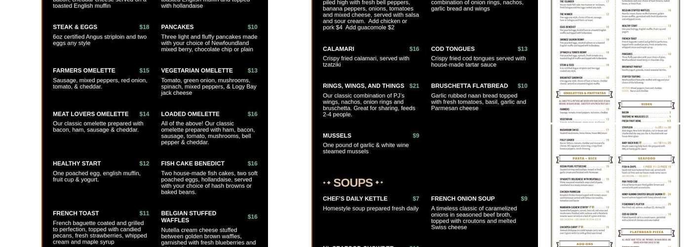 PJ Billingtons Restaurant Menu