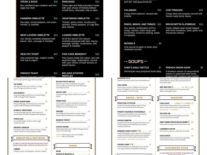 PJ Billingtons Restaurant Menu