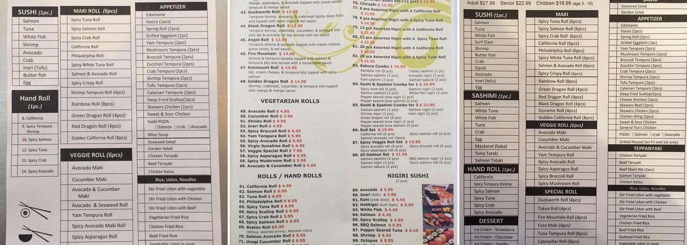 Sun Sushi Menu
