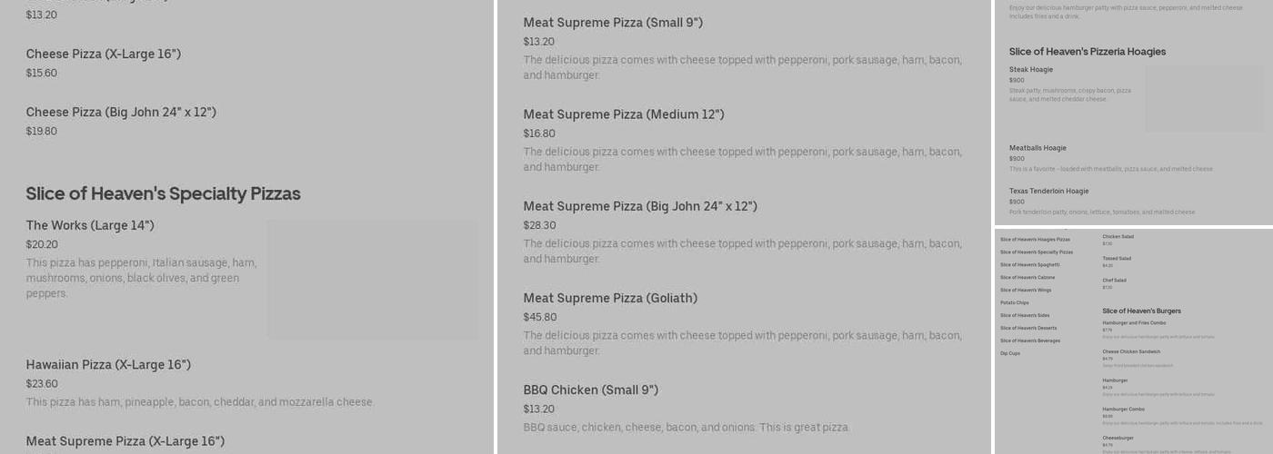 A Slice of Heaven Pizzeria Menu