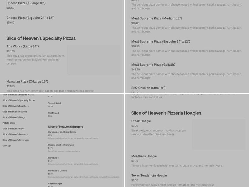 A Slice of Heaven Pizzeria Menu