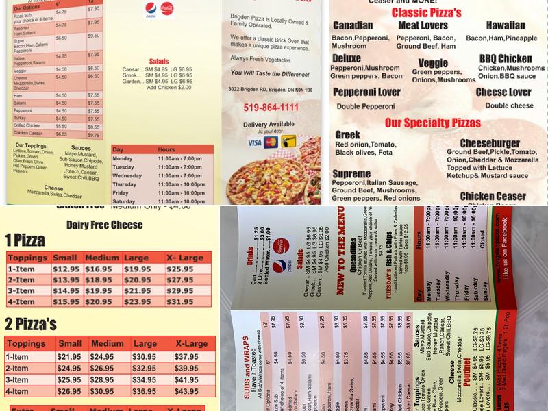 Brigden Pizza Menu