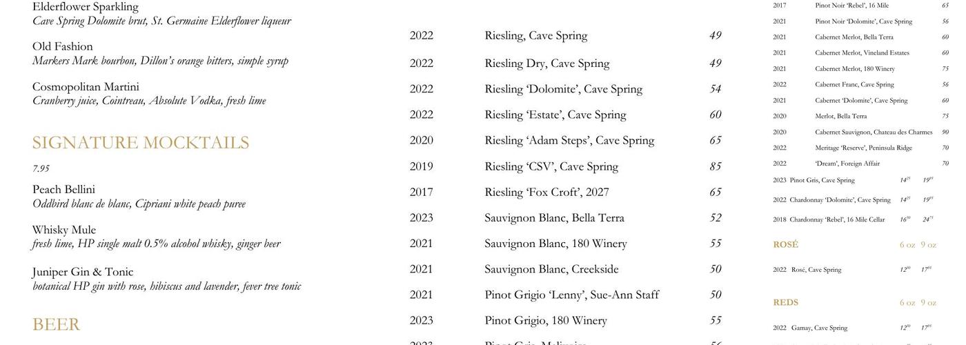 Inn On the Twenty Restaurant Menu