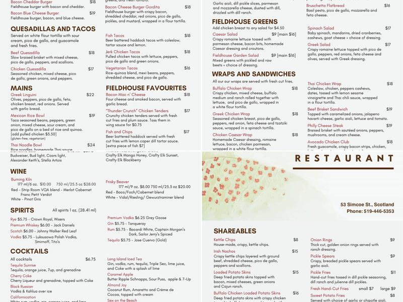 The Field House Restaurant Menu