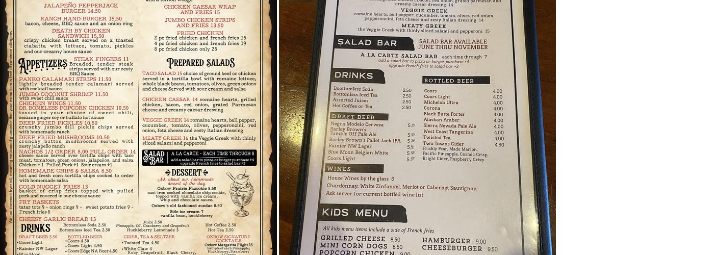 Oxbow Dinner House and Pizza Company Menu