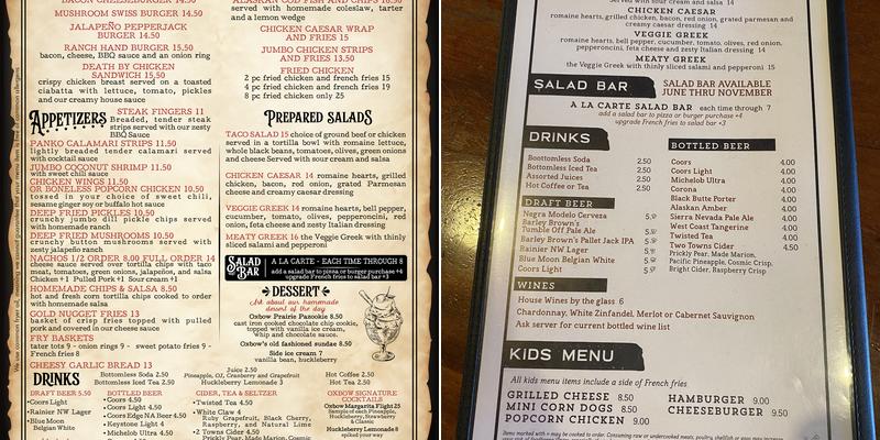 Oxbow Dinner House and Pizza Company Menu