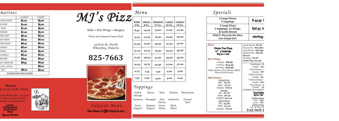 M J's Pizza Menu
