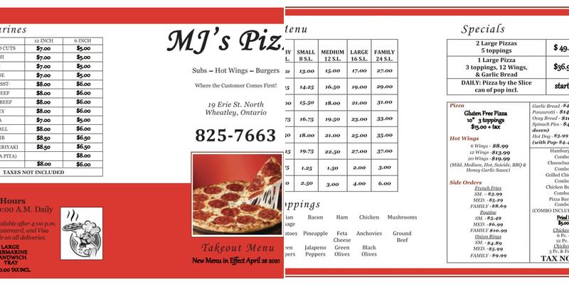 M J's Pizza Menu