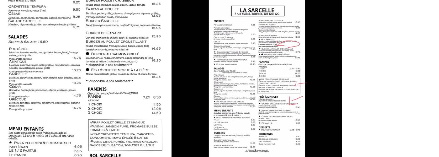 La Sarcelle Menu