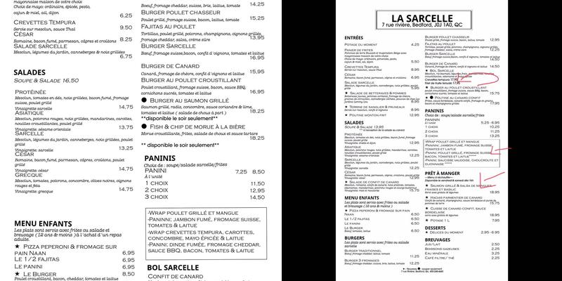 La Sarcelle Menu