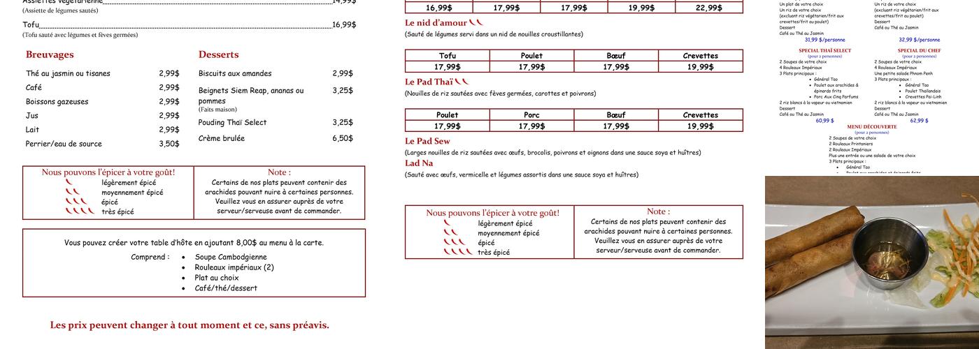 Restaurant Thaï Sélect Menu