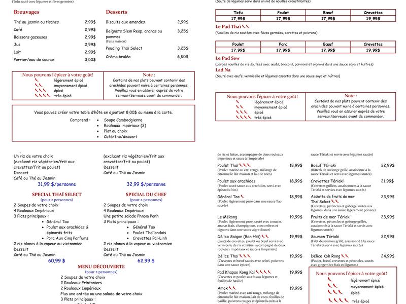 Restaurant Thaï Sélect Menu