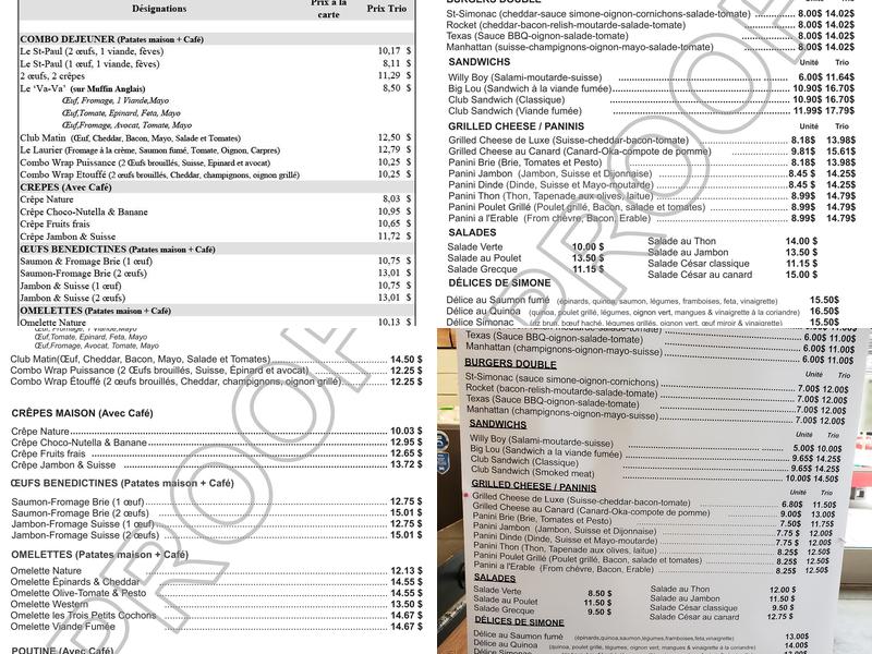 Simone Luncheonette Menu