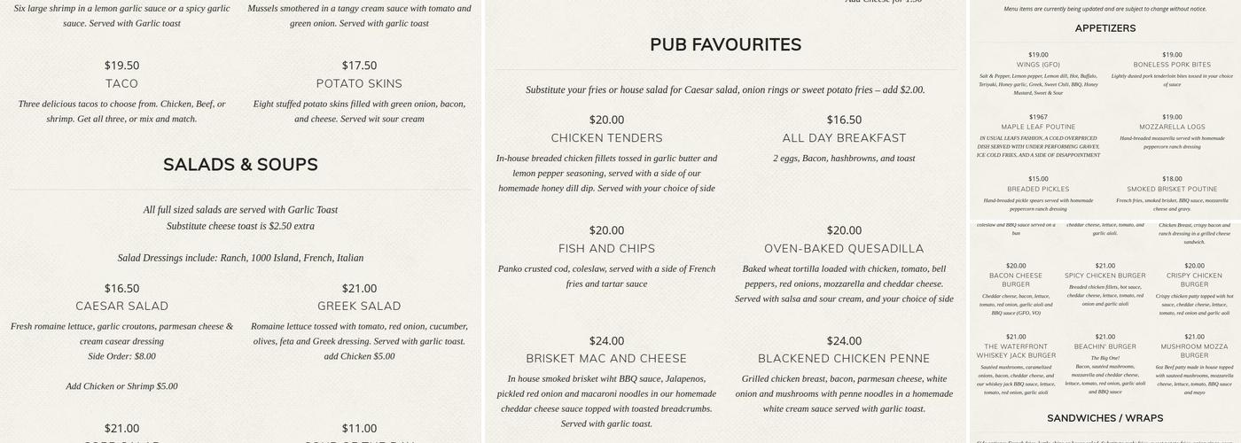 Waterfront Beach Bar & Grill Menu