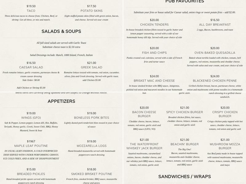 Waterfront Beach Bar & Grill Menu