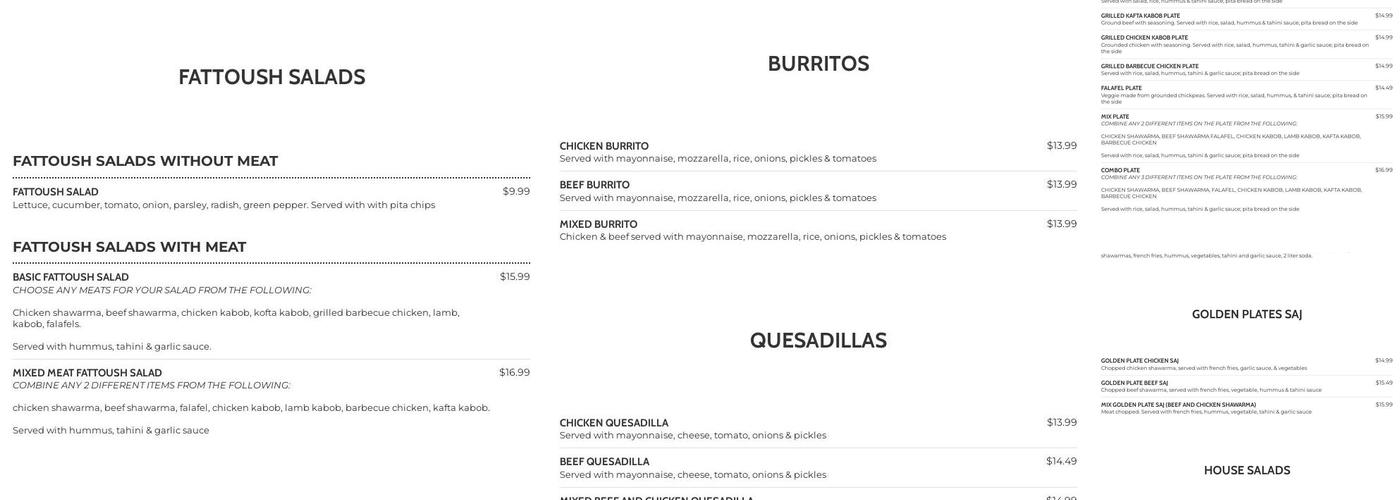 Golden Pockets Menu