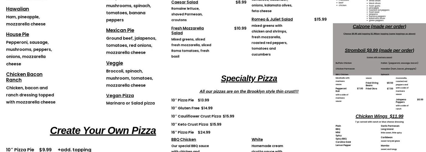 Romeo & Juliet Pizzeria Menu