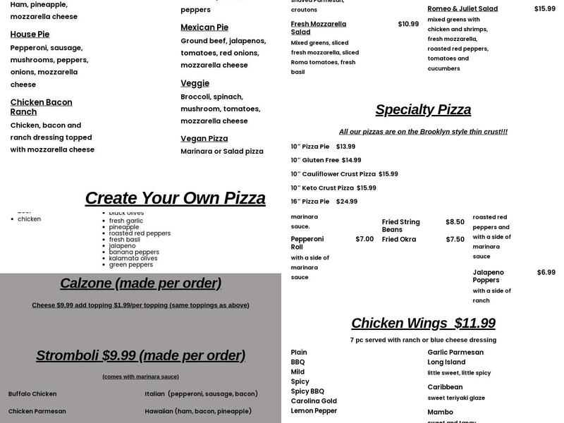 Romeo & Juliet Pizzeria Menu