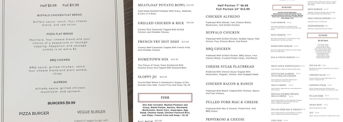 Hometown Table Menu