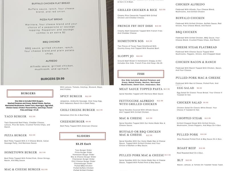 Hometown Table Menu