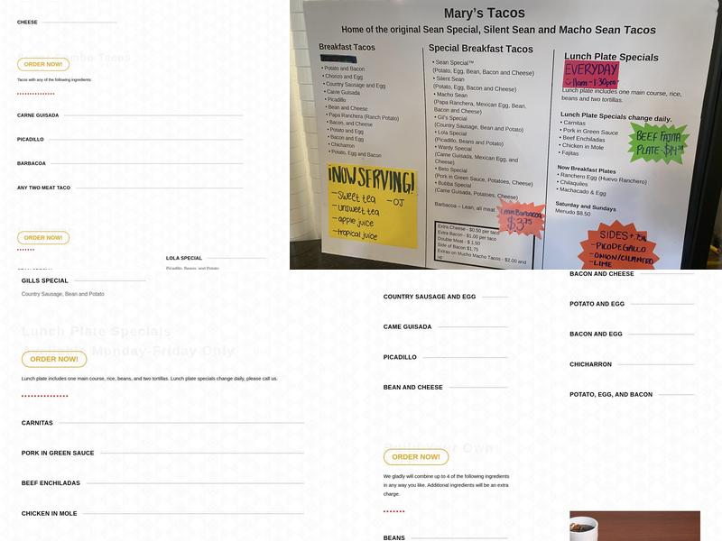 Mary's Tacos Menu