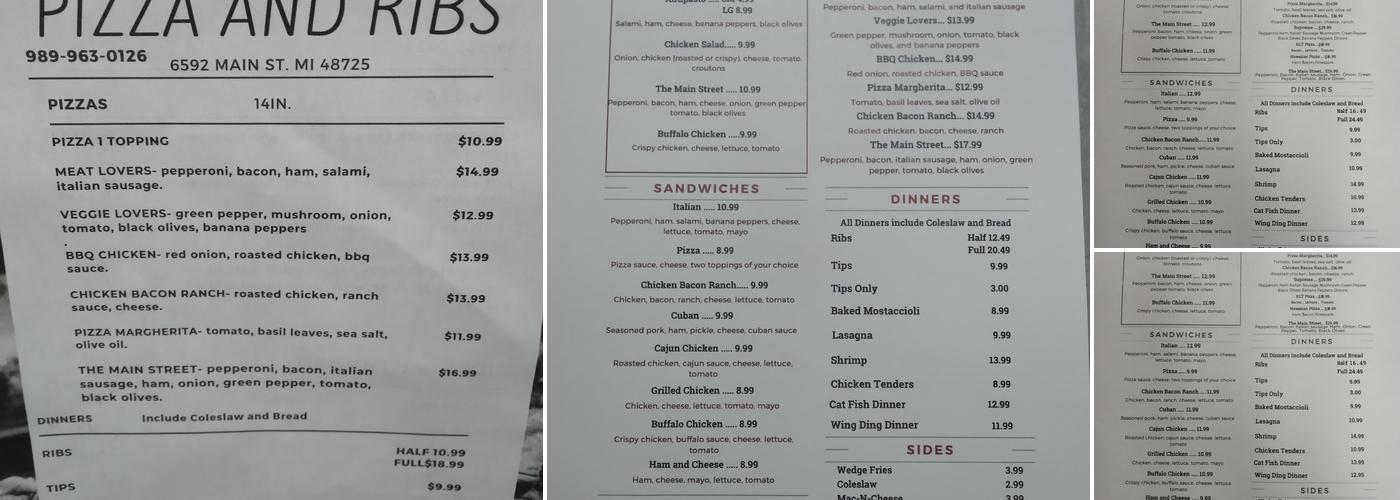 Main Street Pizza and Ribs. Menu