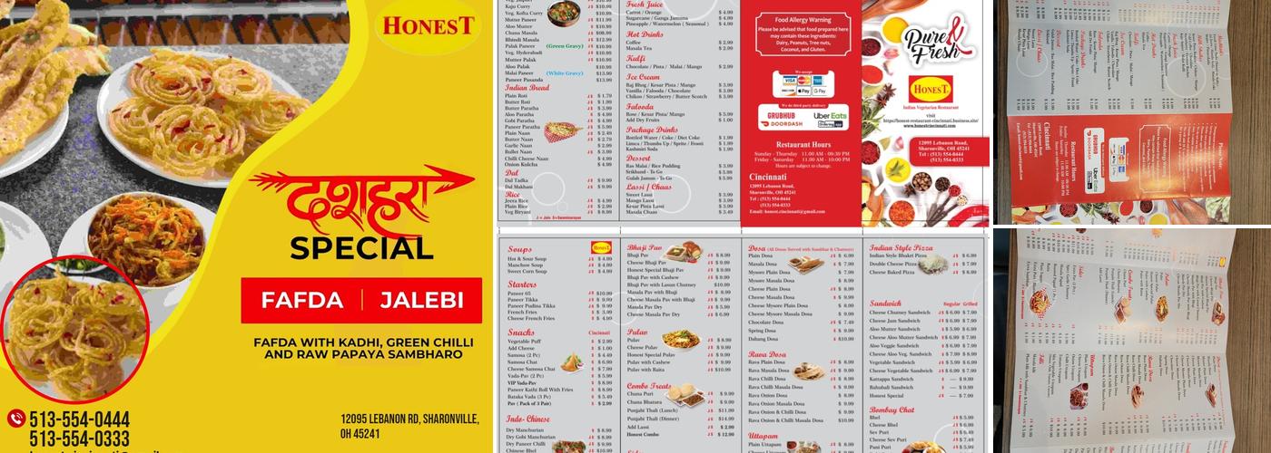 Honest Indian Vegetarian Restaurant Cincinnati Menu