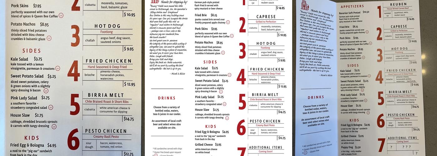 Buzzy Fields Filling Station Menu
