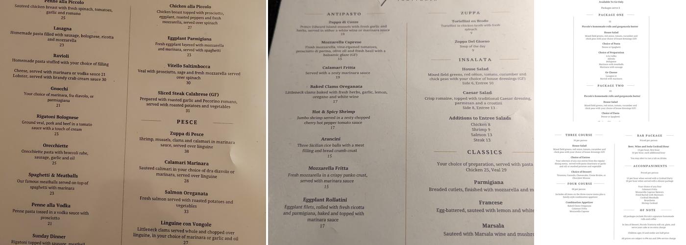 Piccolo Trattoria Menu